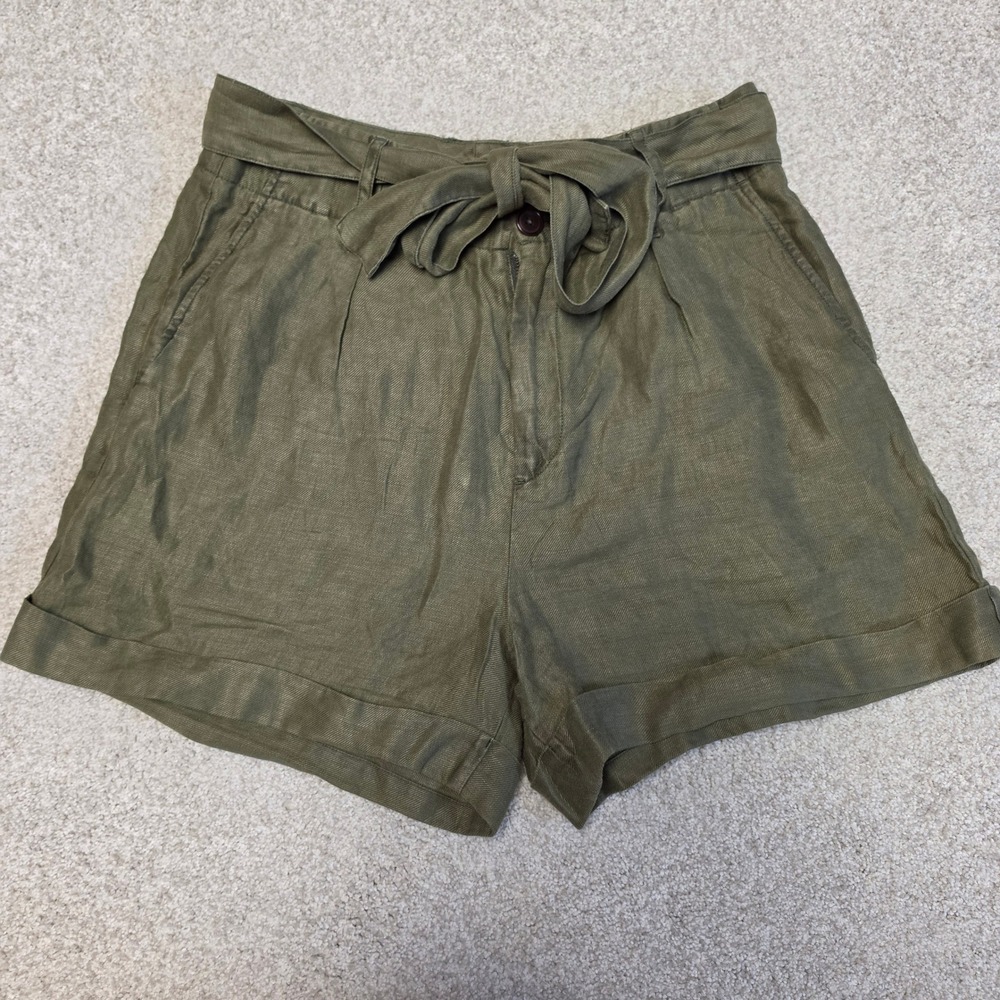 Alex Mill Avery Olive Green 100% Linen Tie Waist‎ Pleated Shorts Size 8